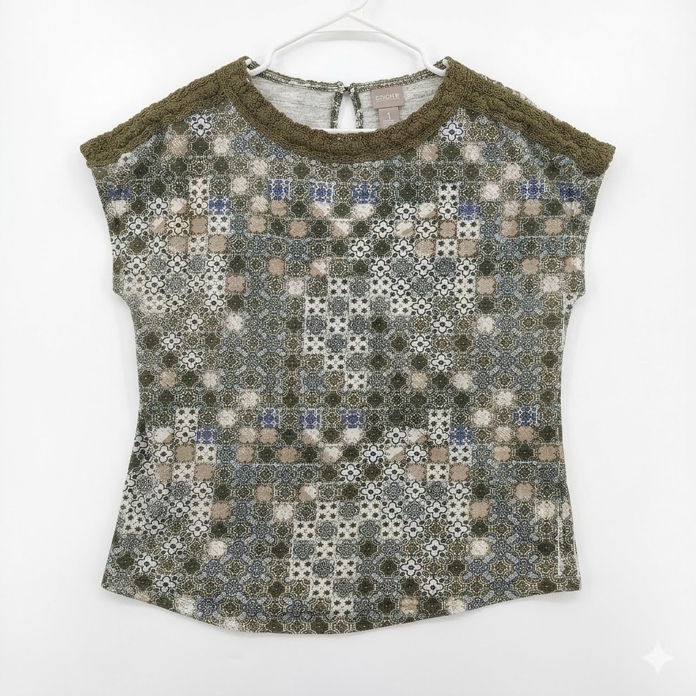 Chicos Womens Crochet Trim Artsy Mosaic Earthy Cap Sleeve Top 2 L Olive Green